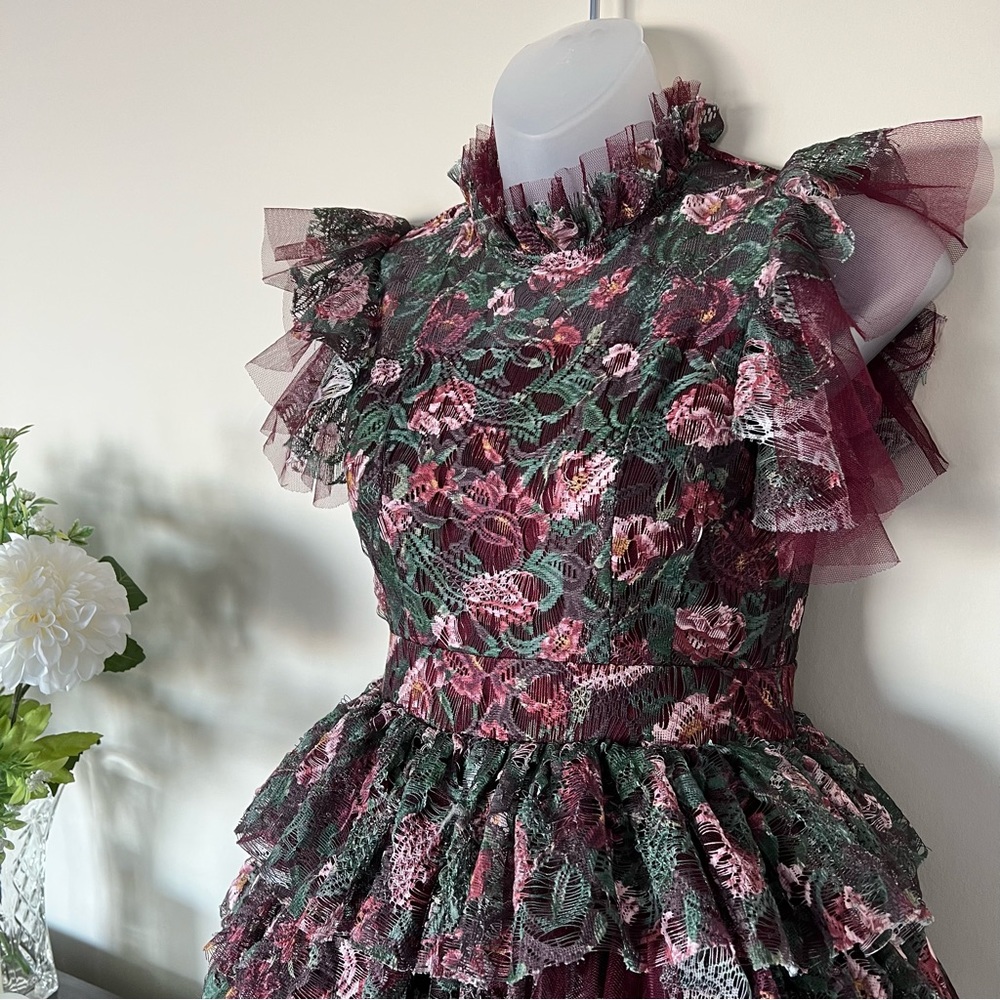 Green/burgundy day floral Mia Joy voluminous mini dress